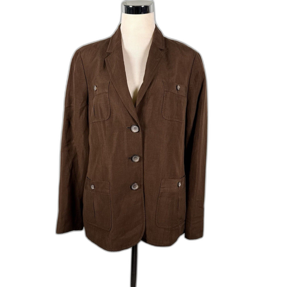 Talbots Brown Blazer Button Pockets Women Size 12 Military Style Work Classic